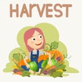 A cute girl with a fashionable haircut and pink hair sitting near a huge pile of various fresh vegetables