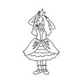 Cute girl in festive dress corrects crown. Black lines isolated on white background. Concept. Vector illustration of