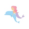 Cute girl with fish tail swimming with blue dolphin. Cartoon mermaid with pink hair. Mythical creature. Fantastic marine Royalty Free Stock Photo