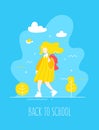 Cute girl in flat linear style with backpack walks in nature. Back to school banner