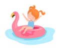 Cute Girl Floating on Inflatable Flamingo Swim Ring, Kids Summer Activities, Adorable Child Having Fun on Beach on Royalty Free Stock Photo