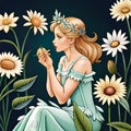 Flower fairy watercolor drawing with a cute girl Royalty Free Stock Photo