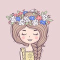 Cute girl in flower wreath. Beautiful girl with braid and flowers.