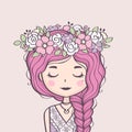 Cute girl in flower wreath. Beautiful girl with braid and flowers.