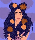 Cute girl with flowers in her hair. Floral portrait of a woman. Flat Vector Illustration Royalty Free Stock Photo