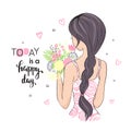 Cute girl with flowers. Today is a happy day. Vector illustration for t-shirt and other uses.