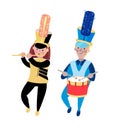 Cute girl flute player man drummer in festive uniform at parade. Holiday, carnival. Funny isolated cartoon style