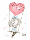 Cute girl flying on a balloon in the form of a heart. Valentine. Vector. Royalty Free Stock Photo