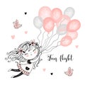 Cute girl flying balloons. Vector illustrations. Cards