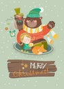 Cute girl, funny bear and owl celebrating