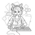 Cute girl gamer or streamer with cat ears headset sits in front of a computer Royalty Free Stock Photo