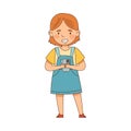 Cute Girl Gazing in Smartphone Playing and Watching Vector Illustration