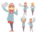 Cute Girl Geek Hipster Smartphone Photo Selfie Casual Character Icons Cartoon Flat Design Vector illustration