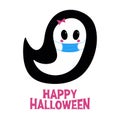 Cute girl ghost in blue medical mask with pink blush, bow and Happy Halloween lettering. Holiday greeting card. Isolated on white