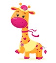 Cute girl giraffe with a hat and a ribbon. Vector illustration in cartoon flat style. White background.
