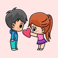 Cute girl give heart to her boyfriend cartoon Royalty Free Stock Photo