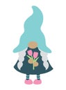 Cute Girl Gnome Holding Spring Flowers Vector Illustration