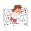 Cute Girl Goalkeeper Catching Ball Between Goalposts Vector Illustration