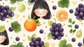 Cute girl with grapes and oranges seamless pattern. vector Royalty Free Stock Photo