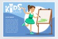 Cute girl in green dress painting on canvas. Creative blue poster for kids club. Studying at art class. Extra-curricular