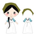 Cute Girl in Green Hanbok Korean Traditional Costume. Vector. Illustration.