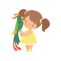 Cute Girl with Green Parrot, Kid Interacting with Animal in Contact Zoo Cartoon Vector Illustration Royalty Free Stock Photo