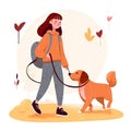 Cute girl in grey trousers, coat and with backpack on her back walking with orange dog in autumn. Loving pets concept