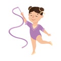 Cute Girl Gymnast Doing Exercise with Ribbon, Kid Doing Sports, Active Healthy Lifestyle Concept Cartoon Style Vector