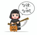 Cute girl Halloween Character in grim reaper costume