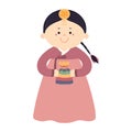 Cute girl in hanbok, holding traditional Korean gift character illustration.
