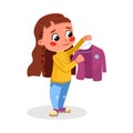 Cute Girl Hanging Clothes on Hangers, Kids Good Behavior and Habits Cartoon Style Vector Illustration