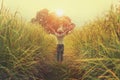 cute girl happy open arm freedom at rice field Royalty Free Stock Photo