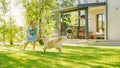 Cute Girl Has fun with Happy Golden Retriever Dog on the Backyard Lawn. She Plays Fetch with Footb Royalty Free Stock Photo