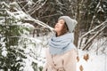 A cute girl stands under the snow with her eyes closed and smiles Royalty Free Stock Photo