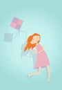 Cute girl having fun with kite. Vector illustration.