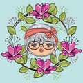 Cute girl head character with floral frame Royalty Free Stock Photo