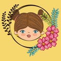 Cute girl head character with floral frame Royalty Free Stock Photo