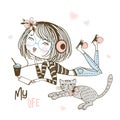 Cute girl in headphones listening to music next to a pet cat. Vector