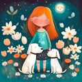 Cute girl with her dogs in the meadow at the summer night. Cartoon illustration Royalty Free Stock Photo