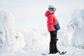 Cute girl hiking in snowshoes Royalty Free Stock Photo