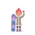 Cute girl hold snowboard and greeting waving hand. Winter sport, snowboarding. Vector illustration in flat style Royalty Free Stock Photo