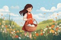 Cute girl holding a basket with Easter eggs outdoors. Cartoon illustration by generative Ai Royalty Free Stock Photo