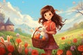 Cute girl holding a basket with Easter eggs outdoors. Cartoon illustration by generative Ai Royalty Free Stock Photo