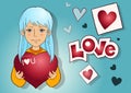 Cute girl holding a big heart Happy Valentine\'s Day background