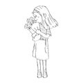 Cute girl holding a bouquet coloring page. Young Girl smiles drawing and coloring for kids. Vector illustration