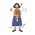 A cute girl is holding a brown cat on her hands. Cartoon style. Use for print, surface design, greeting cards, notebooks, notepads Royalty Free Stock Photo