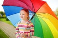 Cute girl holding colorful rainbow umbrella on rainy summer day. Child walking under warm rain outdoors. Outdoor summer activities Royalty Free Stock Photo