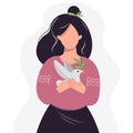 A cute girl is holding a dove of peace. A young suffering woman in national dress. Vector isolated illustration.Flat