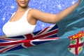 cute girl holds Fiji flag in front on the blue shining sparks background - flag concept 3d illustration