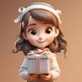 cute girl holding a gift,happy,brown background,3d clay by Generative AI